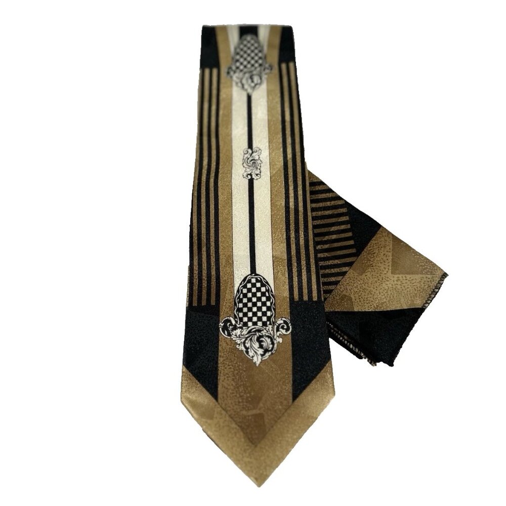 Da Ciro Boys Tie Hanky Set Mustard Cream Black 3" Wide 54" Long 100% Polyester